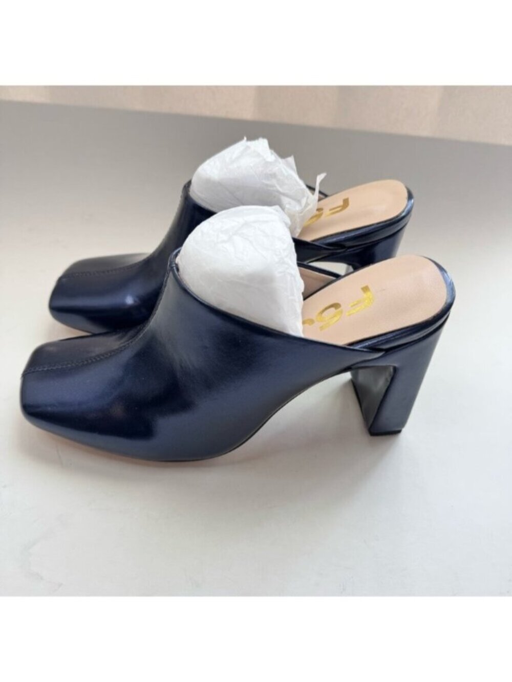Mules FSJ Women Size 8 Closed Squared Toe Slip On High Heel Dark Blue